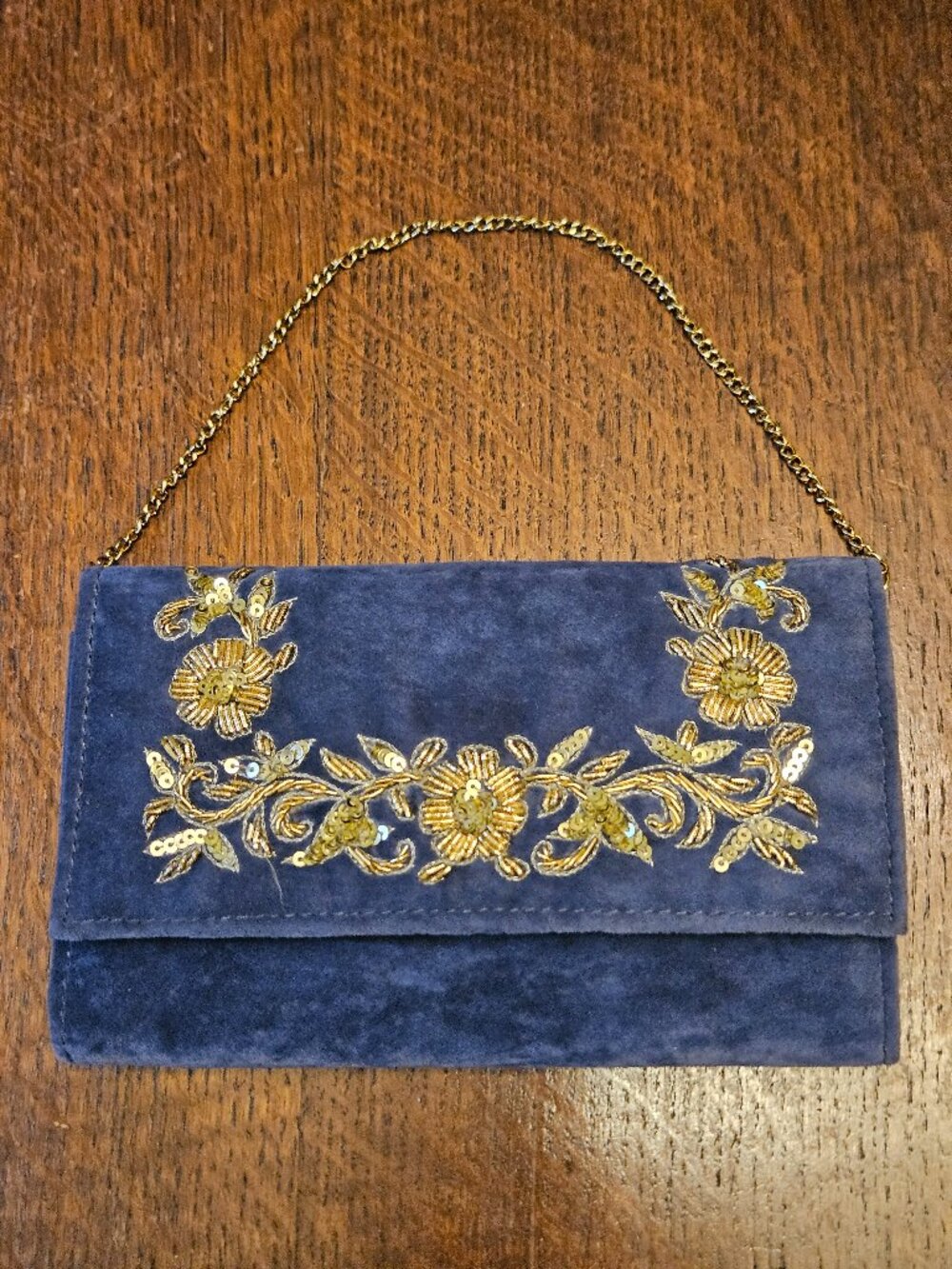 D'Oro Royal Blue Velvet Pocketbook bag With Gold Beading
